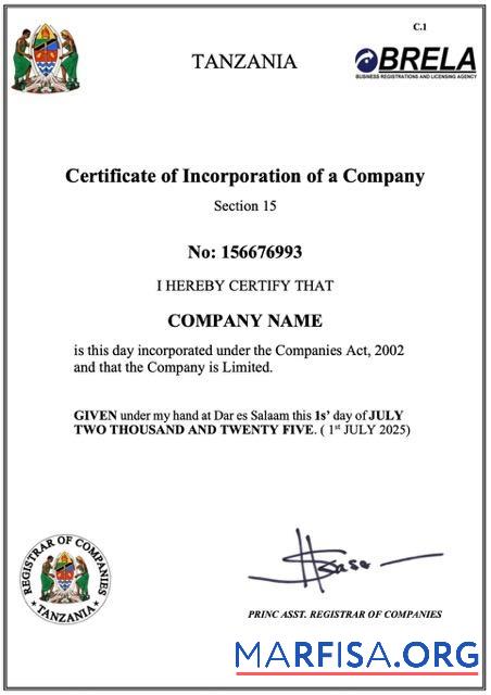 Realistic Tanzia certificate of company incorporation Word and PDF template